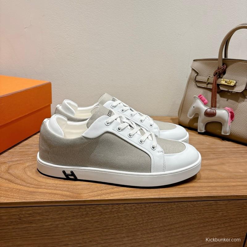 2025 Unisex Hermès White Light Grey Leather Fabric Sneakers AS00380