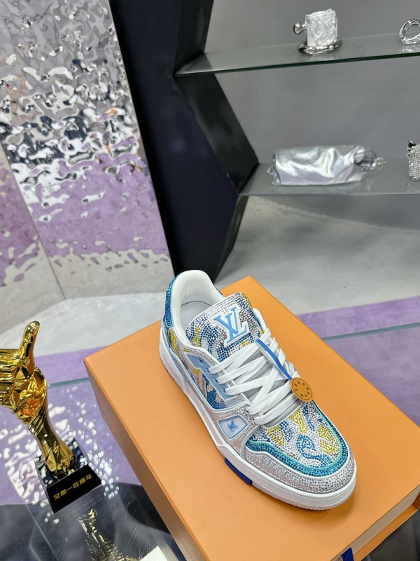 2025 Unisex Louis Vuitton Blue Yellow White Leather Denim Plimsolls Handcrafted Rhinestone AS00400
