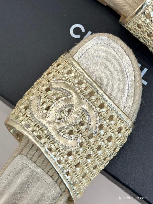 2025 Women Chanel Beige Custom Material Rope Sole Slippers Big CC Hollow Weave KFY00240