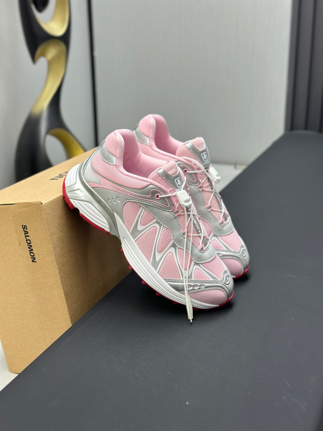 2025 Women SALOMON Pink White Leather Mesh Sneakers AS00320