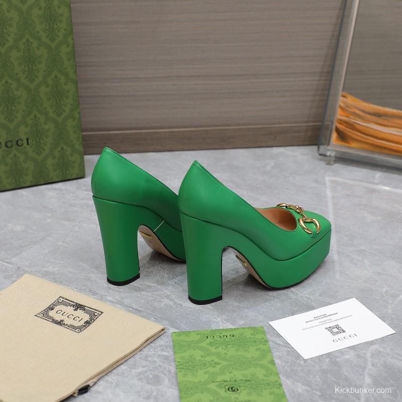 2025 Women Gucci Green Leather Platform Pumps KFY00320