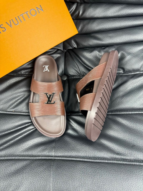 2025 Men Louis Vuitton Brown Leather Slippers AS00170