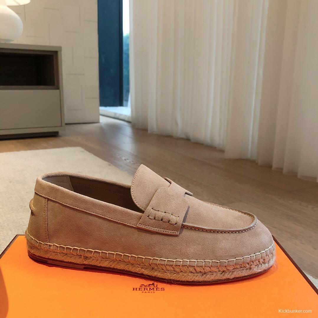 2025 Unisex Hermès Beige Suede Calfskin Loafers AS00380