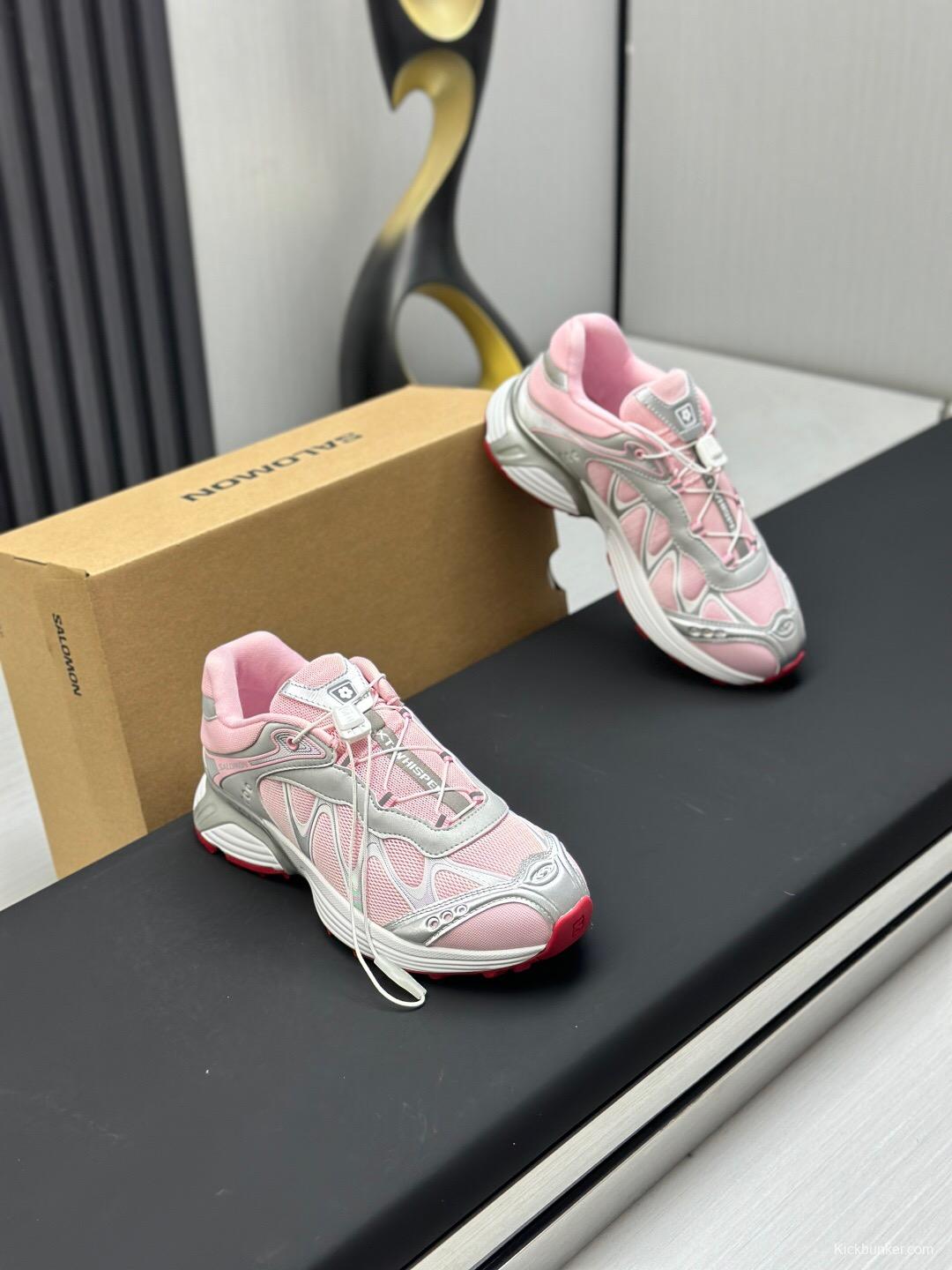 2025 Women SALOMON Pink White Leather Mesh Sneakers KFY00320