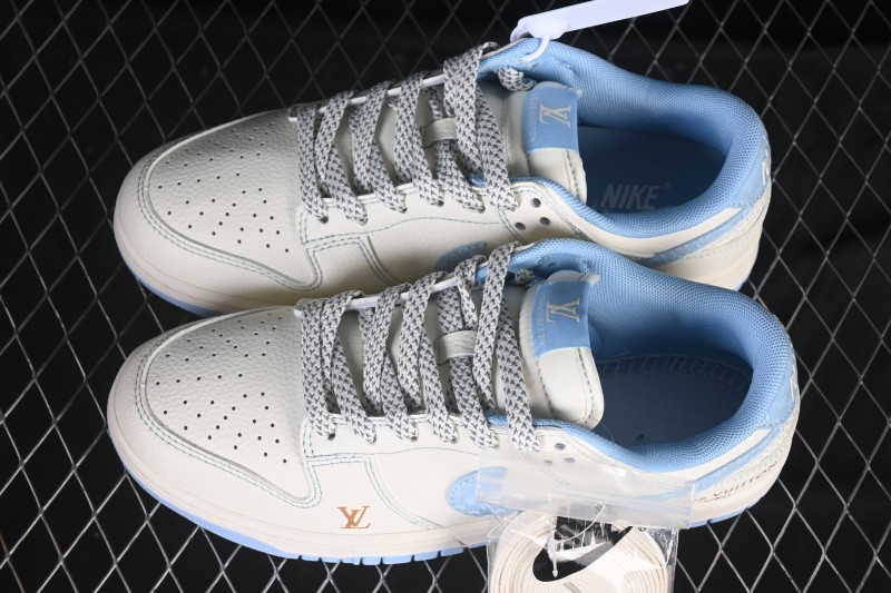 Nike SB Dunk Low LV Collaboration Off-White Ice Blue Gold Label Anniversary High-End Custom Low-Top Casual Skate Shoes - JP1628-005