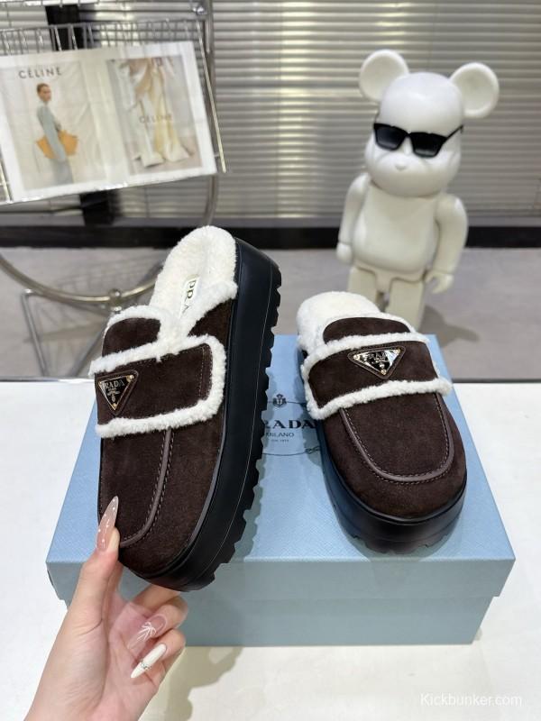 Prada SS25 Early Spring Fur Slippers with Rubber IP Ultra-Light Foam Sole - KFY00280