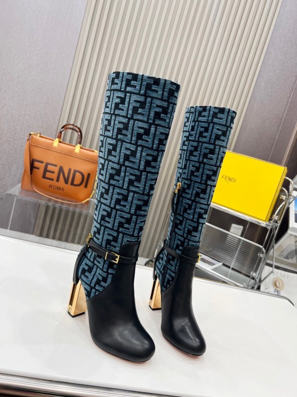 FENDI Delfina Round Toe Boots with FF Buckle and Heel Detail - LY00