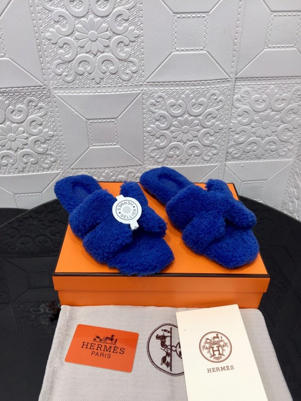 H Hermes Teddy Wool H Slippers Flat Sole Fur Slides - LY00240