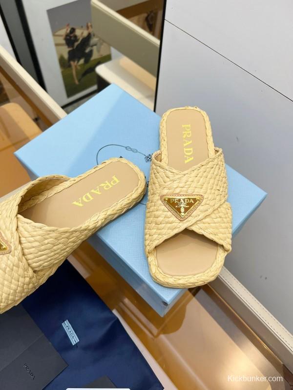 Prada Raffia Handwoven Cross Sandals 2025SS - KFY00260