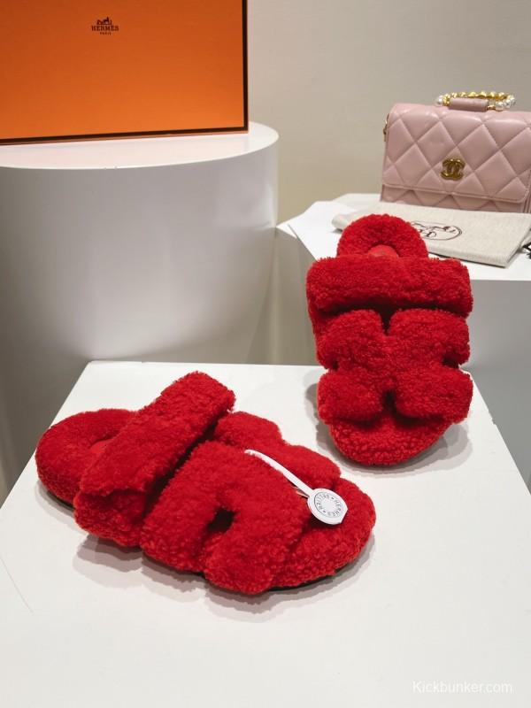 H Love Erjiu Full Wool Slippers with Wavy Fur Design - LY00270
