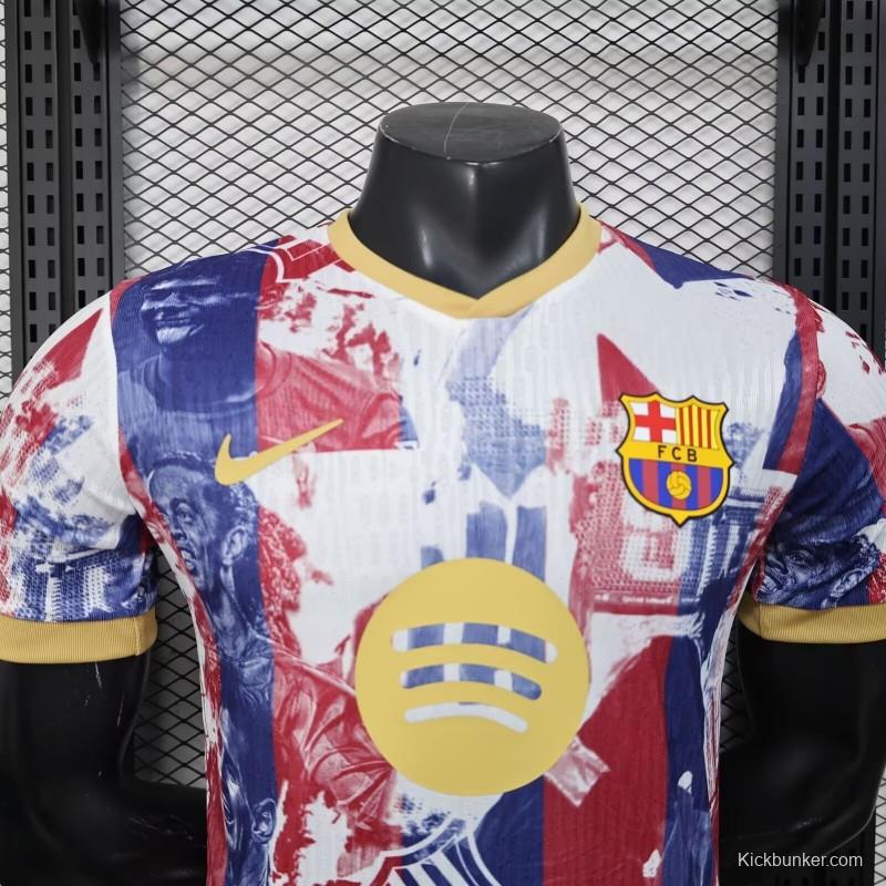 25/26 Player Version Barcelona White with Red Blue Abstract Art Jersey