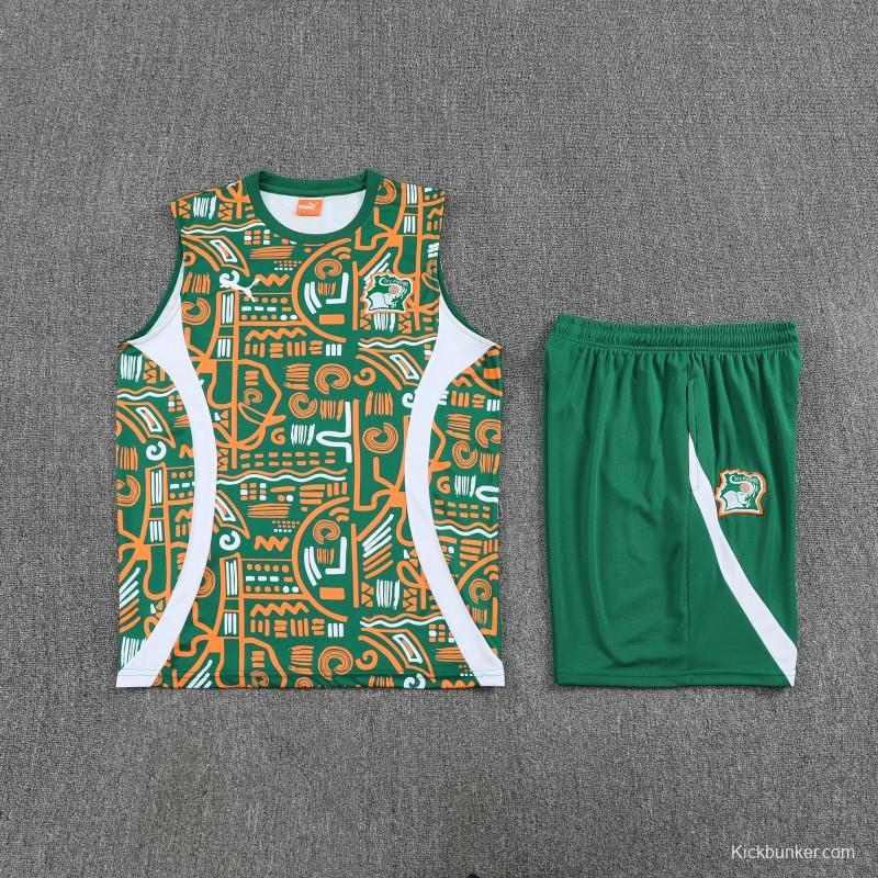 25/26 Côte d'Ivoire Green Tribal Print Sleeveless Training Vest +Shorts Set