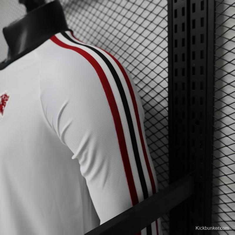 Player Version 2026 Manchester United Away White with  Red Shoulder Stripe Long Sleeve Jersey