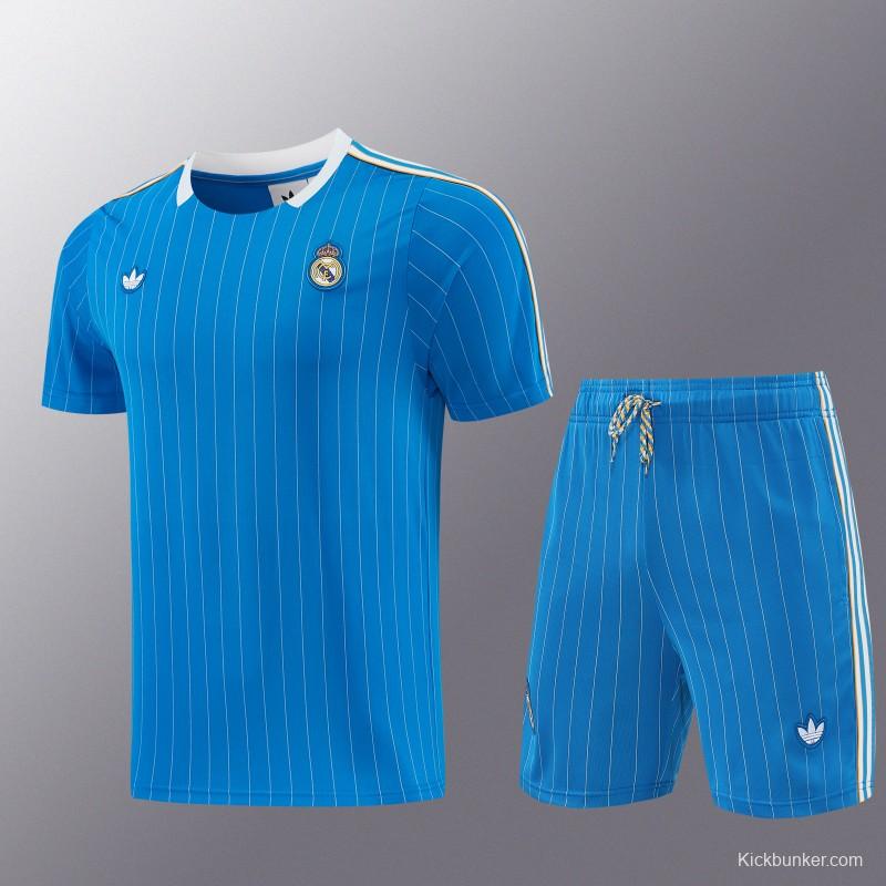 26/27 Real Madrid  Blue Pinstripe  Short Sleeve+Soccer Shorts