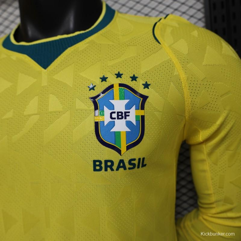 Player Version 2026 Brazil  Yellow with Geometric Pattern Home Long Sleeve Jersey
