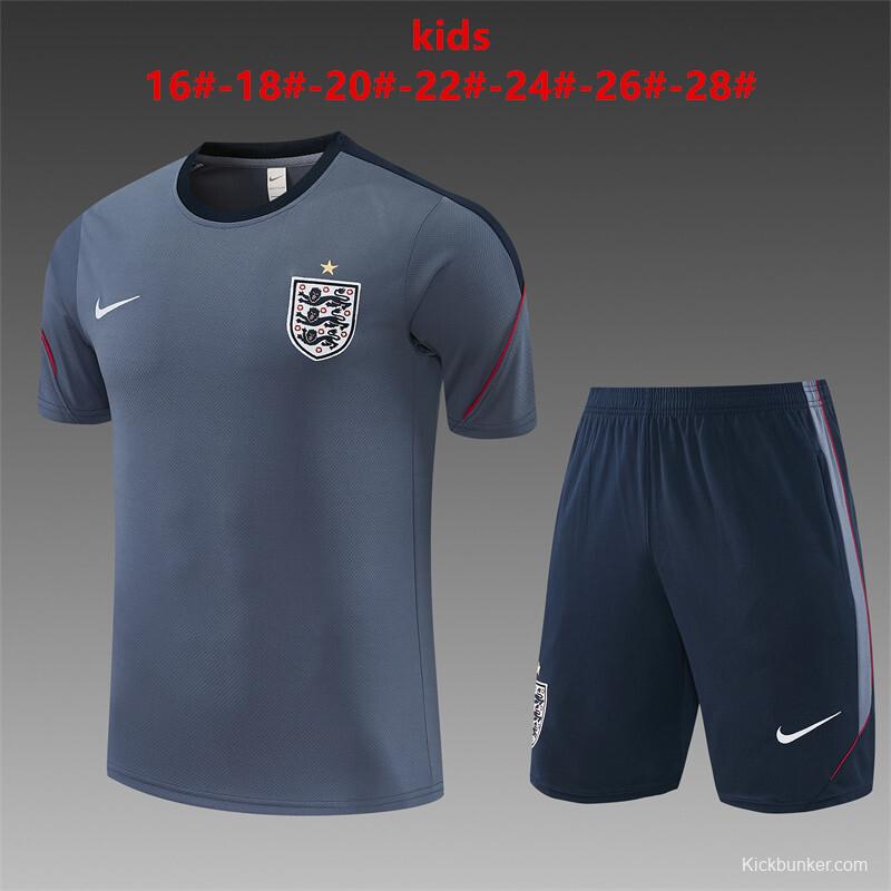 2026 Kids  England Grey Short Sleeve+ Navy Blue Soccer Shorts
