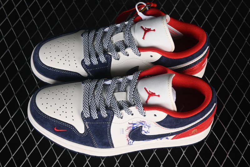 Nike Air Jordan 1 Low Retro Basketball Shoes with Premium White-Blue-Red Color Blocking and Custom Detailing - JY6988-135