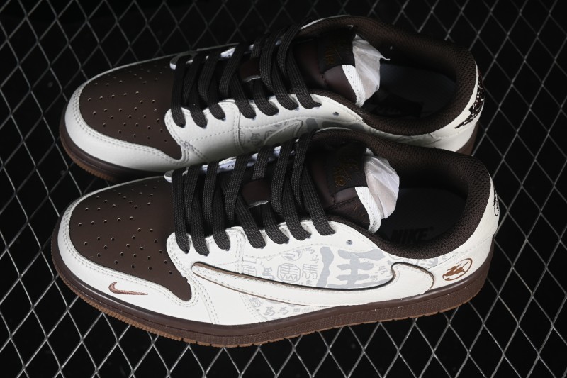Nike Travis Scott x Fragment Design x Air Jordan 1 Low OG SP Limited Edition Brown White Cloud Pattern Casual Skateboarding Shoes - NH0601-061