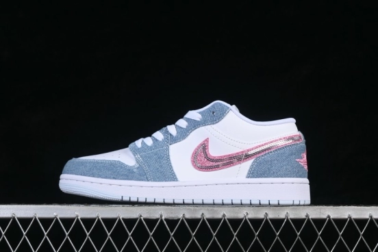 Nike Air Jordan 1 Low Basketball Lifestyle Shoes with Pastel Denim and Pink Rhinestone Swoosh - HQ2001-400