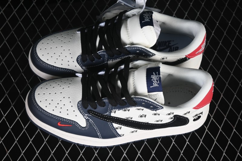 Nike Air Jordan 1 Low Stussy Collaboration Retro Basketball Shoes with Custom Printed Design - JW1188-170