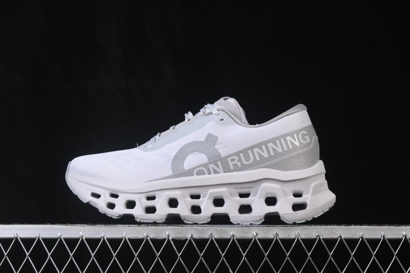 On Cloudmonster 3 Cushioned Running Shoes – White/Grey with Silver-Grey Logo