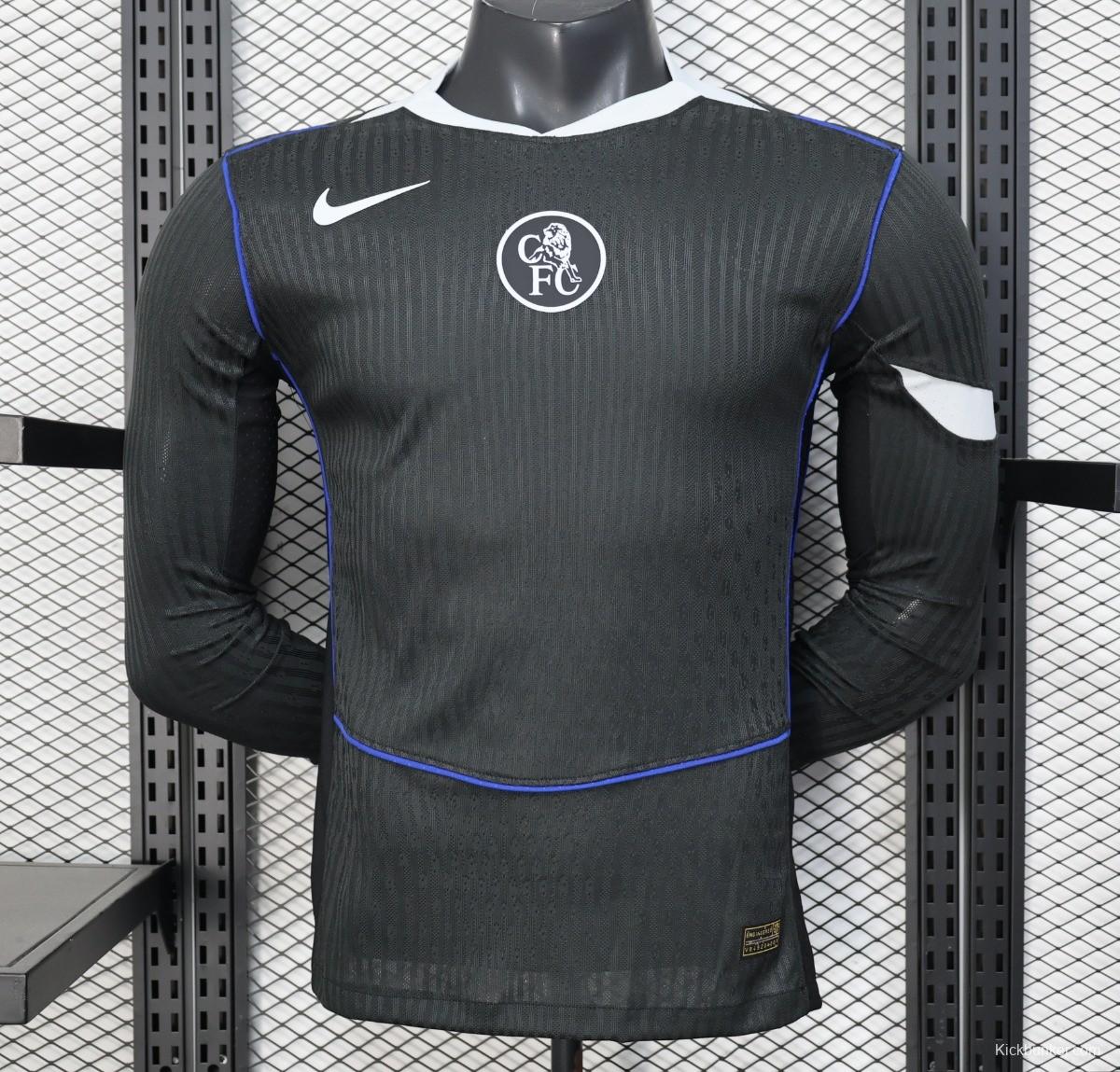 25/26 Player Version  Chelsea Away Dark Gray with Vertical Stripe Texture and Blue Piping Jersey