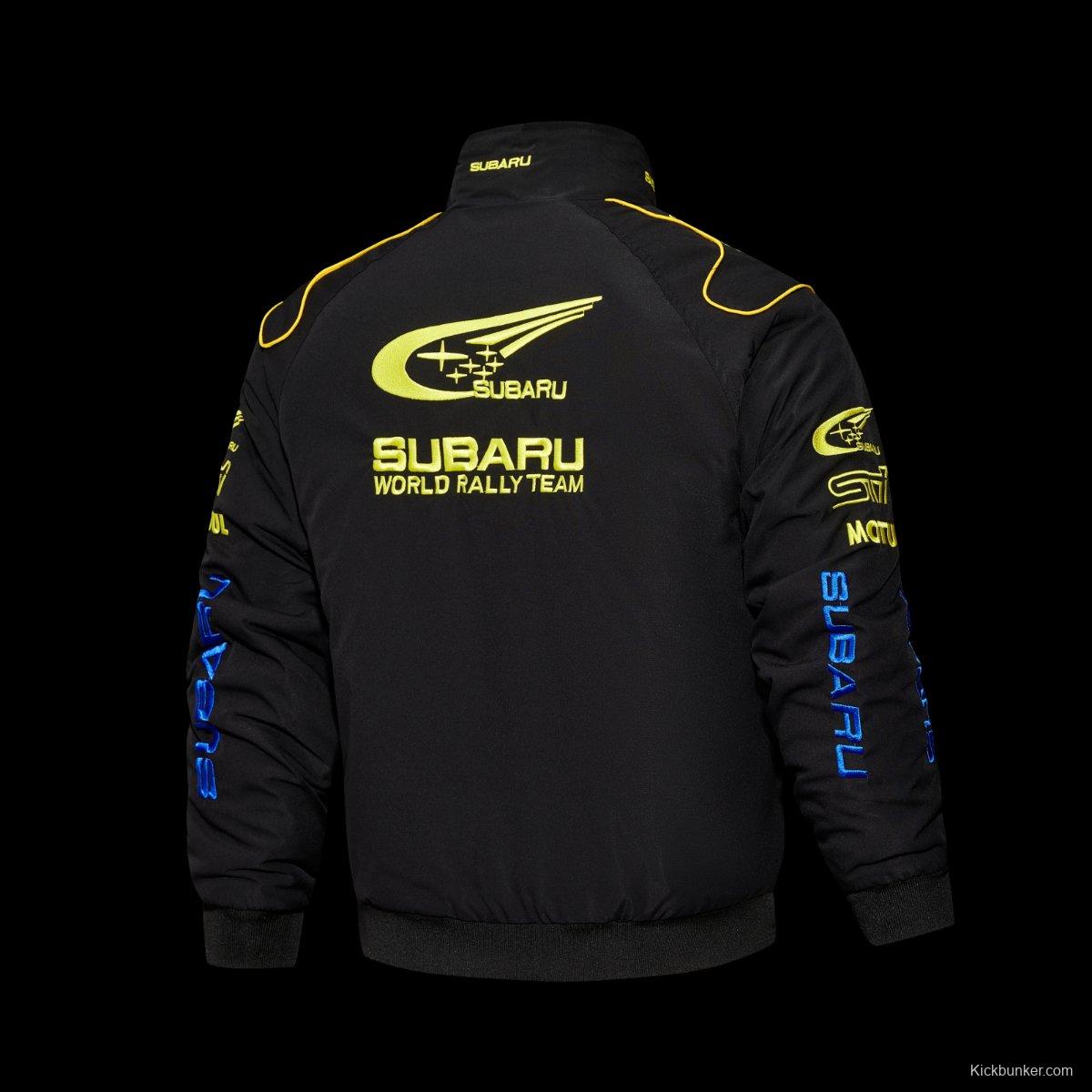 2026 F1 Subaru World Rally Team Black and Blue Racing Jacket with Yellow Trim and Pirelli Logo