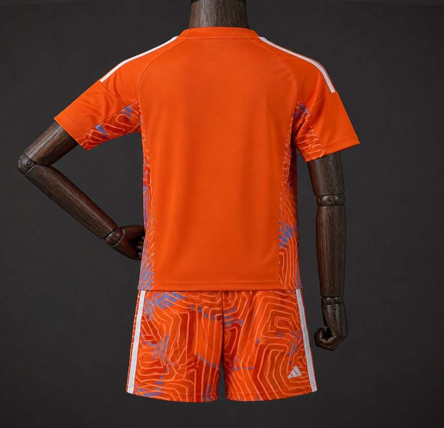 26/27 Kids Juventus Orange with Abstract Maze Pattern Goalkeeper Jersey Set